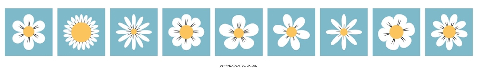 White chamomile daisy set line. Cute round flower head plant collection. Camomile square icons. Love card symbol. Growing concept. Simple flat design. Nature style. Isolated. Blue background. Vector