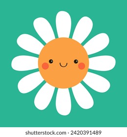 La margarita de camomila blanca con la cara sonriente. Icono de Chamomile. Cuta colección de flores de dibujos animados. Tarjeta de amor. Carácter gracioso kawaii. Concepto creciente. Diseño plano. Ilustración del vector de fondo verde