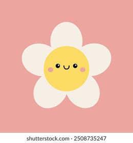 Margarita de manzanilla blanca con cabeza de cara sonriente. Icono de manzanilla. Linda colección de planta de flores de dibujos animados kawaii. Tarjeta de amor. Personaje gracioso. Concepto de crecimiento de estilo infantil. Diseño plano Vector de fondo rosa