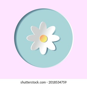 White chamomile flower in a blue pastel circular frame on a pale pink background.  Paper cutting and crafting style. Vector illustration.