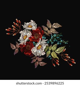 Flores de manzanilla blanca, hierbas de prado azul y rosas rojas. Plantilla floral del verano de la moda para la ropa, diseño de la camiseta. Estilo del arte del bordado