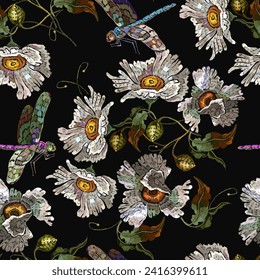 White chamomile flowers and colorful dragonflies. Fashion summer floral template for clothes, t-shirt design. Seamless pattern. Embroidery style