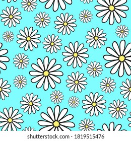 White chamomile flowers isolated on a bluish background. Cute floral seamless pattern. Contour color drawing. Vector flat graphic hand drawn illustration. Texture.