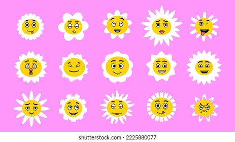 White chamomile flowers mascots, expression daisy faces. Floral cartoon stickers, childish emotional characters. Cute spring summer blooming daisies logos