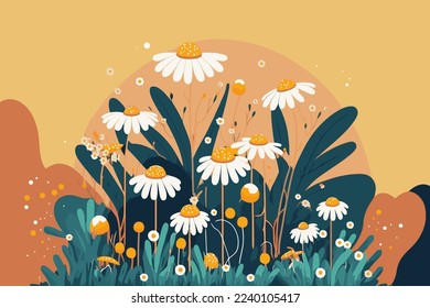 white chamomile flowers nature background illustration for invitation and greetings card