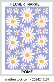 White chamomile flowers poster. Floral illustration composition for wall art, posters, greetings and invite.