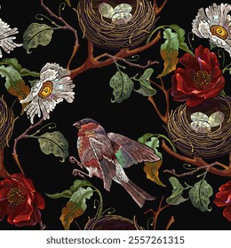 White chamomile flowers, red roses, bird and nest. Seamless pattern. Embroidery art style. Fashion summer floral template for clothes, t-shirt design