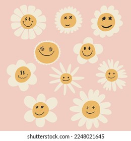 White chamomile flowers with smiling faces. Kind flowers isolated on pink background. Different faces and emotions. Vector illustration