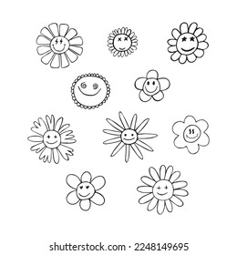 White chamomile flowers with smiling faces. Kind flowers isolated on white background. Different faces and emotions. Coloring book. Vector illustration