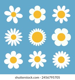 White chamomile icon. Daisy Camomile set. Cute round flower head plant collection. Love card symbol. Growing concept. Simple flat design. Nature childish style. Isolated. Blue background. Vector