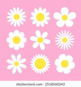 White chamomile icon. Daisy Camomile set. Cute round flower head plant collection. Growing concept. Love card symbol. Simple flat design. Nature childish style. Isolated. Pink background. Vector