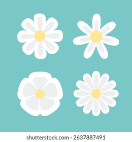 White chamomile icon. Daisy Camomile set. Double petal. Cute round flower head plant collection. Love card symbol. Growing concept. Simple flat design. Childish style. Green background. Vector
