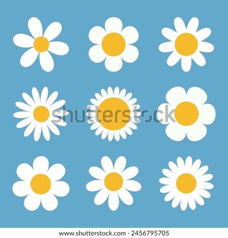 White chamomile icon. Daisy Camomile set. Cute round flower head plant collection. Love card symbol. Growing concept. Simple flat design. Nature childish style. Isolated. Blue background. Vector