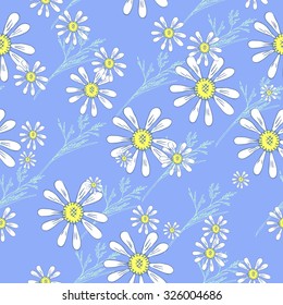 white chamomile on a blue background with thin twigs. Vector seamless background