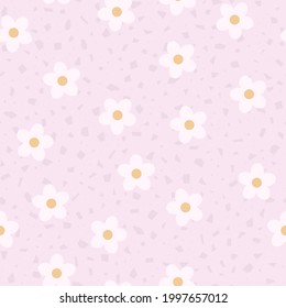 White chamomile pattern. Floral seamless pattern from daisies, chamomile, on a pink background. Textiles and fabrics for baby, child, kid. Spring, summer field meadow for desing . Vector illustration