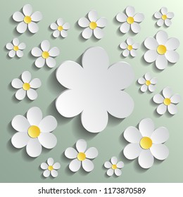 White Chamomile. Pattern Wrapping Paper, Textile Template. Green Background. Illustration in paper style.
