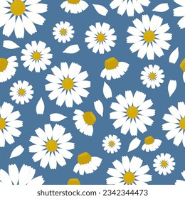 white chamomile seamless pattern vector blue background. stock illustration chamomile white flower