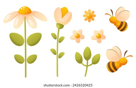 White chamomile and snowdrop flower, green leaves, bee. Summer flowers and insects in cartoon style. Vector spring clip arts for the design of Easter cards, spring holidays, posters, children s books