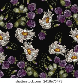 White chamomile and violet clover. Summer floral seamless pattern. Embroidery style. Fashion template for clothes, t-shirt design