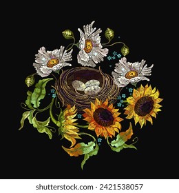 White chamomiles flowers, meadow herbs, bird nest and sunflower. Floral embroidery style. Summer nature fashion colorful template for clothes, tapestry, t-shirt design