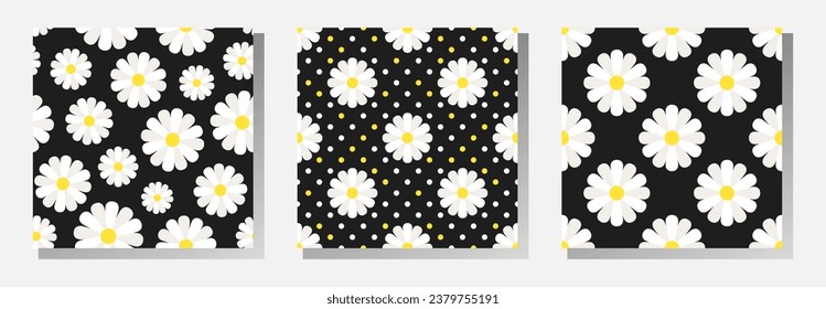 White chamomiles on black background. Vector seamless patterns collection. Best for textile, wallpapers, home decoration, wrapping paper, package and your design.
