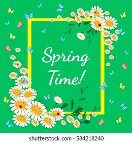 White chamomiles on green. Floral nature background. Vector flower with butterfly and ladybird in yellow frame