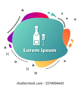 White Champagne bottle and glass of champagne icon isolated on white background. Merry Christmas and Happy New Year. Abstract banner with liquid shapes. Vector Illustration