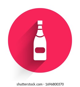 White Champagne bottle icon isolated with long shadow. Red circle button. Vector Illustration