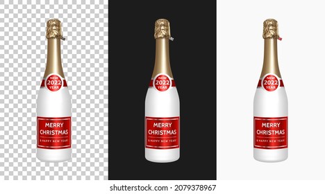 Botella de champán blanco con láminas rojas Feliz Navidad y Feliz Año Nuevo 2022. Botella realista de vino esparcido aislada en negro, blanco y a cuadros. 3.ᵉʳ objeto vector