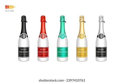 White Champagne Bottles Set. Champagne with Label Merry Christmas and Happy New Year 2024. Realistic Bottles of Sparkling Wine with Labels in Red, Gold, Green, Black, Silver colors. 3d Vector graphics