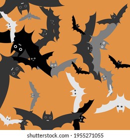 White Chaos Retro Bats Vector Background. Orange Funny Creepy Scary Halloween Modern Design. Spooky Black Print Attack Modern Style Background. Grey Silver Motion Light Art Flying Bats Fabrics.