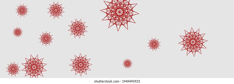 El invierno caótico blanco imprime fondo de cielo brillante. Foto de diseño de Mandala de Año Nuevo Silver Santa Ornamental. Papel tapiz de Navidad con copas de nieve rojas. Ornamento de nieve de vacaciones grises en estrellas horizontales.
