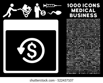 White Chargeback Calendar Page vector icon with 1000 medical business pictograms. Set style is flat symbols, white color, black background.