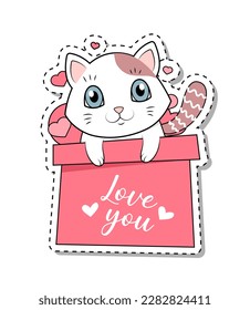 White charming kitten in box with inscription love you. Caty cat sticker for valentine. Gift and present, surprise, romance and tenderness. Cartoon flat vector illustration