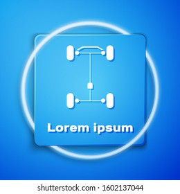 White Chassis car icon isolated on blue background. Blue square button. Vector Illustration