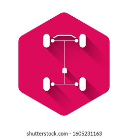 White Chassis car icon isolated with long shadow. Pink hexagon button. Vector Illustration