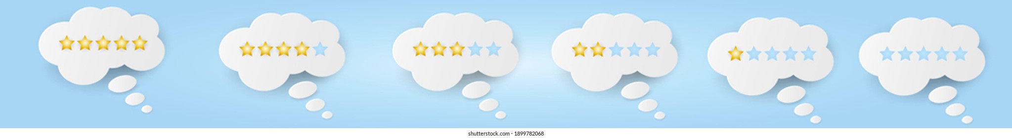 White chat cloud with a set of stars on a pastel blue background. Rated from five stars to one star and a blank rating review. Customer experience and feedback concept.
Vector illustration.