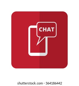 White Chat flat icon on red rounded square on white