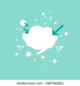 white chat speech bubble with questions, arrows, dots and other symbols. Vector flat icon. 