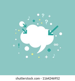 white chat speech bubble with questions, arrows, dots and other symbols. Vector flat icon. Tint, hint. Conclusion, communication, education picture. Help window.