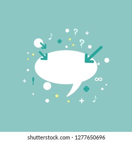 white chat speech bubble with questions, arrows, dots and other symbols. Vector flat icon. Tint, hint. Conclusion, communication, education picture. Help window.