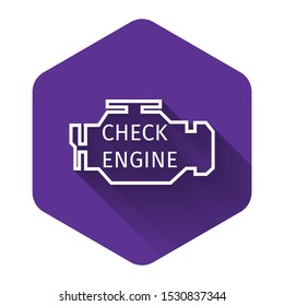 White Check engine icon isolated with long shadow. Purple hexagon button. Vector Illustration