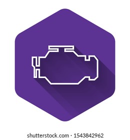 White Check engine icon isolated with long shadow. Purple hexagon button. Vector Illustration