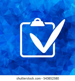white check list icon on a blue triangle background
