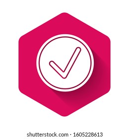 White Check mark in circle icon isolated with long shadow. Choice button sign. Checkmark symbol. Pink hexagon button. Vector Illustration
