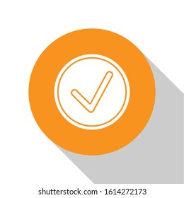 White Check mark in circle icon isolated on white background. Choice button sign. Checkmark symbol. Orange circle button. Vector Illustration