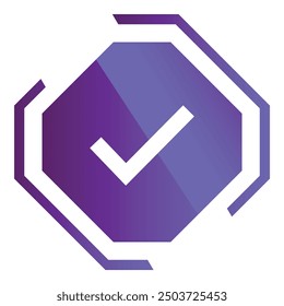 White check mark is displayed inside a purple hexagon, symbolizing approval and validation