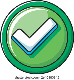 white check mark in a green line, round shape on a white background
