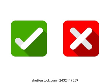 White check mark green square with cross wrong sign red square icon flat vector design