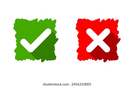 White check mark green square with cross wrong sign red square icon flat vector design
